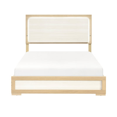 Grand lit naturel et blanc contemporain, tête de lit à panneau à DEL, planche de bois, résistante aux taches, décoration de chambre à coucher, lit requis par sommier tapissier avec 2 tons de blanc, stratifié, mobilier, essentiel
