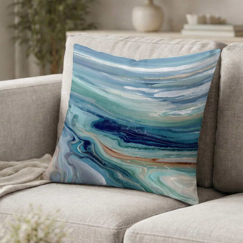 Coussin décoratif imprimé à motif de rivière liquide abstrait vert et bleu - Coussin décoratif côtier, H 16 po x l 16 po