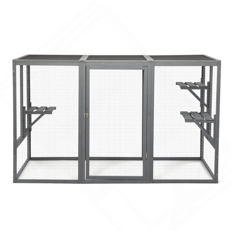 Cage à chat spacieuse en bois avec toit imperméable et pédales réglables - gris noir