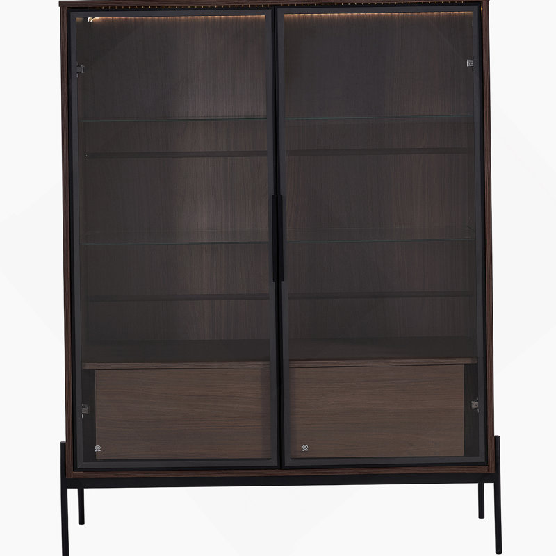 51.2'' Tall Lighted Display Cabinet With Tempered Glass Door, Metal Legs, LED Curio Cabinet, Modern Minimalist Style, For Living Room, Office, Study, Walnut