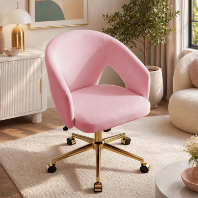 Adjustable Office Chair, Ergonomic Swivel Chair, Backrest Seat, Comfortable for Long Sitting, Gold Base, Pink