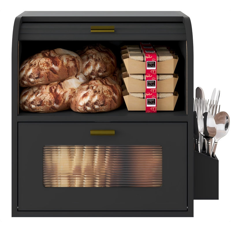Boîte à pain à roulettes pour le comptoir de la cuisine, garde la fraîcheur plus longtemps, facile à entretenir, boîte à pain en bois rétro à double couche avec fenêtre pour le pain fait maison, pains de sandwich, produits de boulangerie
