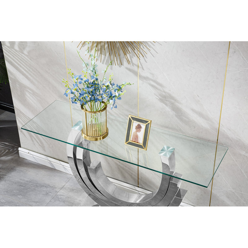 Table de console de 55 po en verre avec porte d'entrée 55 po, Argent argent