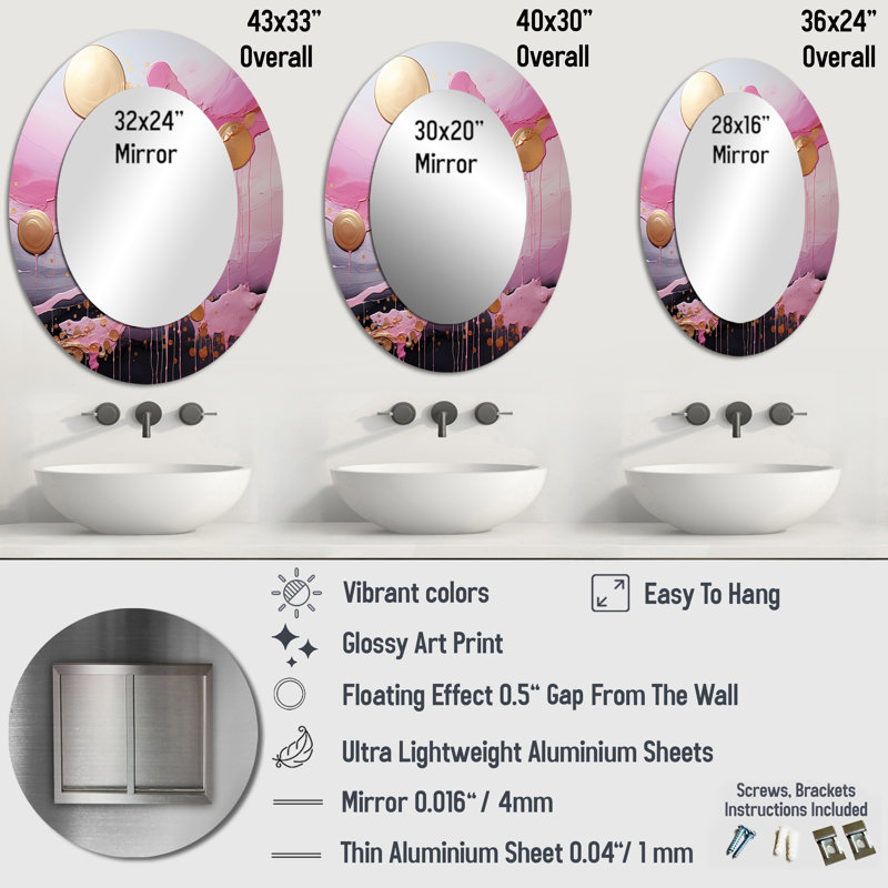 Or et rose moderne liquide formes I - miroir mural ovale moderne or, H 43 po x l 33 po