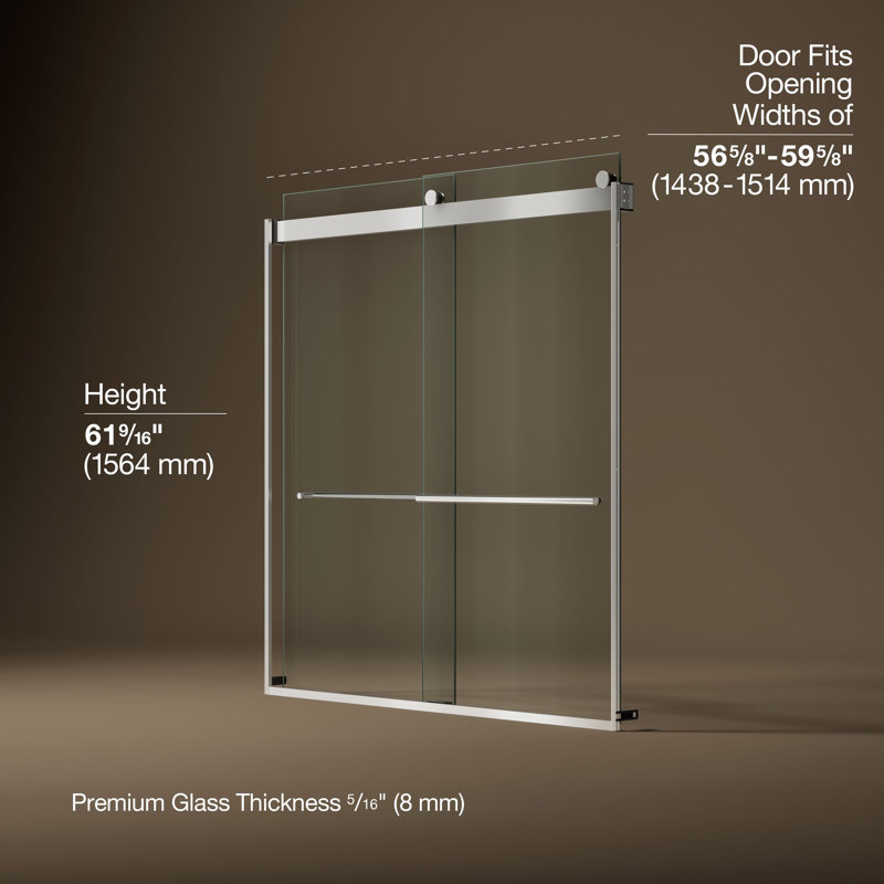Levity Plus Less Sliding Bath Door, 61-9/16 In. H X 56-5/8 - 59-5/8 In. W, With 5/16 In.-Thick Crystal Clear Glass, Silver