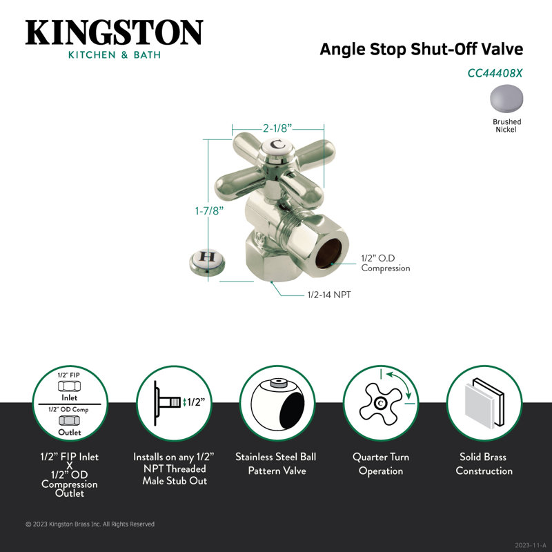 Kingston Brass Vintage 1/2-Inch FIP x 1/2-Inch OD Comp Quarter-Turn Angle Stop Valve, Brushed Nickel