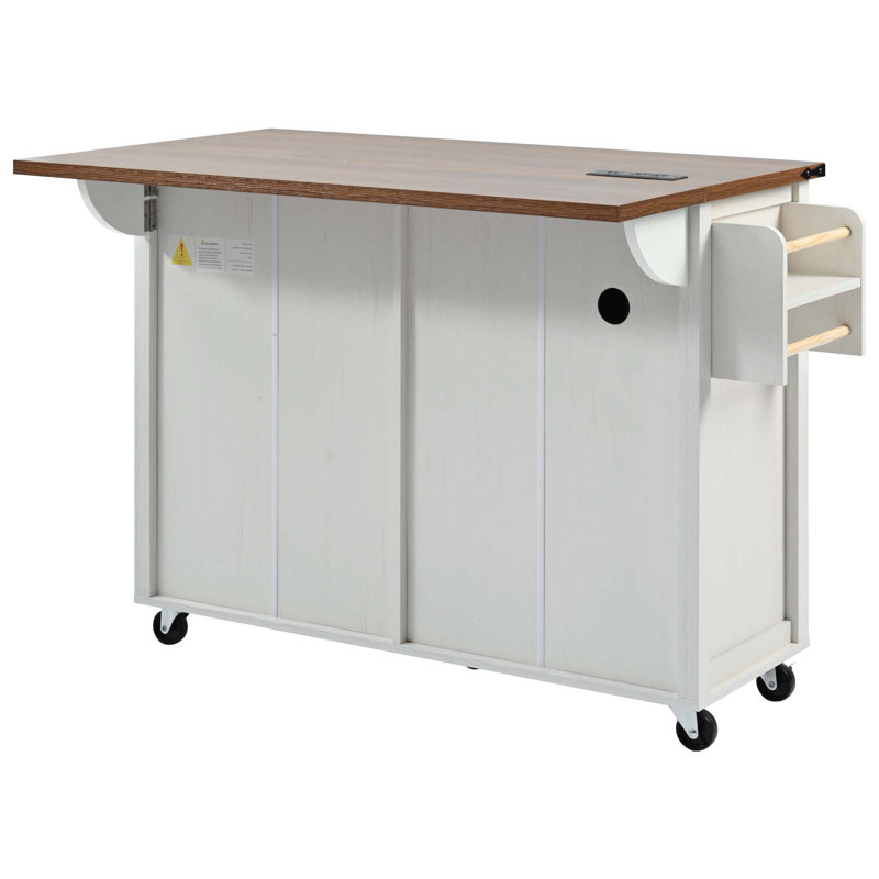 53.5''Farmhouse Kitchen Island With Power Outlet, Kitchen Storage Island With Drop Leaf, Spice Rack And Drawer, Rolling Kitchen Cart On Wheels, For Home, Kitchen And Dining Room