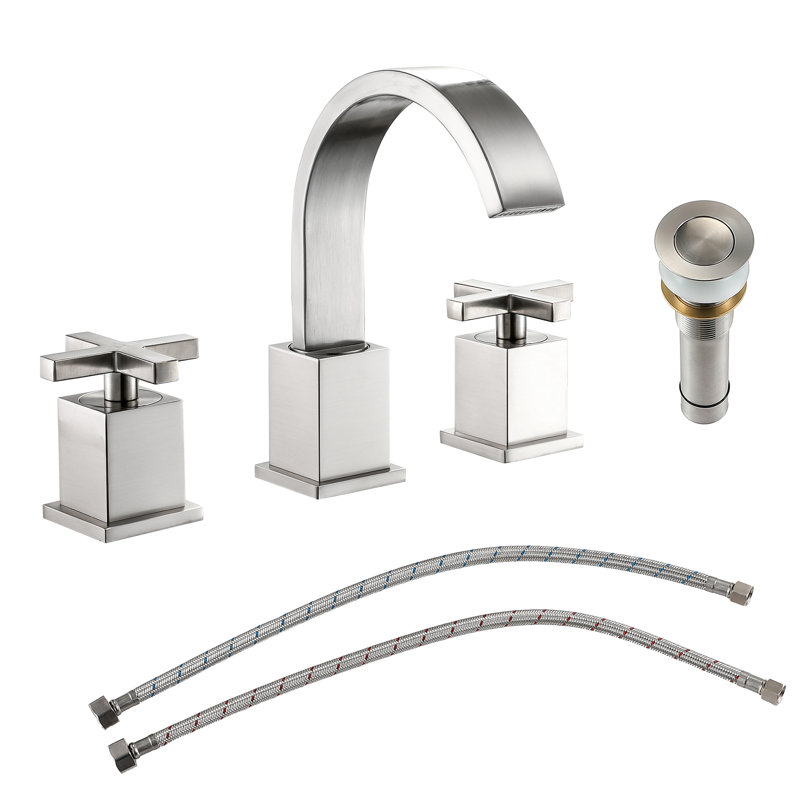 Robinet pour salle de bain à 2 poignées en nickel brossé - Fabriqué en laiton massif et en acier inoxydable, avec des conduites d'alimentation en eau pour un lavabo élégant et spacieux comprenant un lavabo fonctionnel élégant