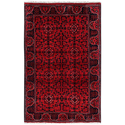Tapis oriental 3 pi 1 po x 4 pi 10 po rouge cramoisi, Andkhoy afghan avec motif tribal, en laine nouée à la main douce et veloutée