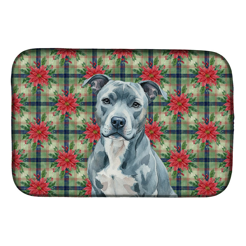 Tapis de séchage bleu American Staffordshire Terrier Christmas PoinsettIas, Bleu