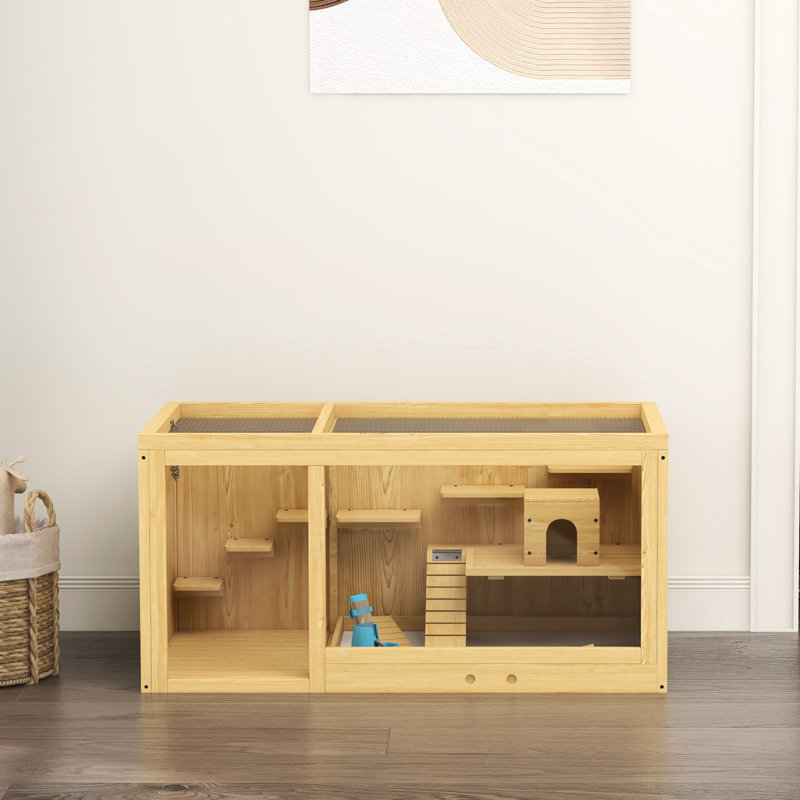 Grand Hamster Cottage - en bois, multicouche, avec balançoires à bascule, bouteille d'eau, plateau coulissant, plateau ouvert pour stylo nain et gerbille