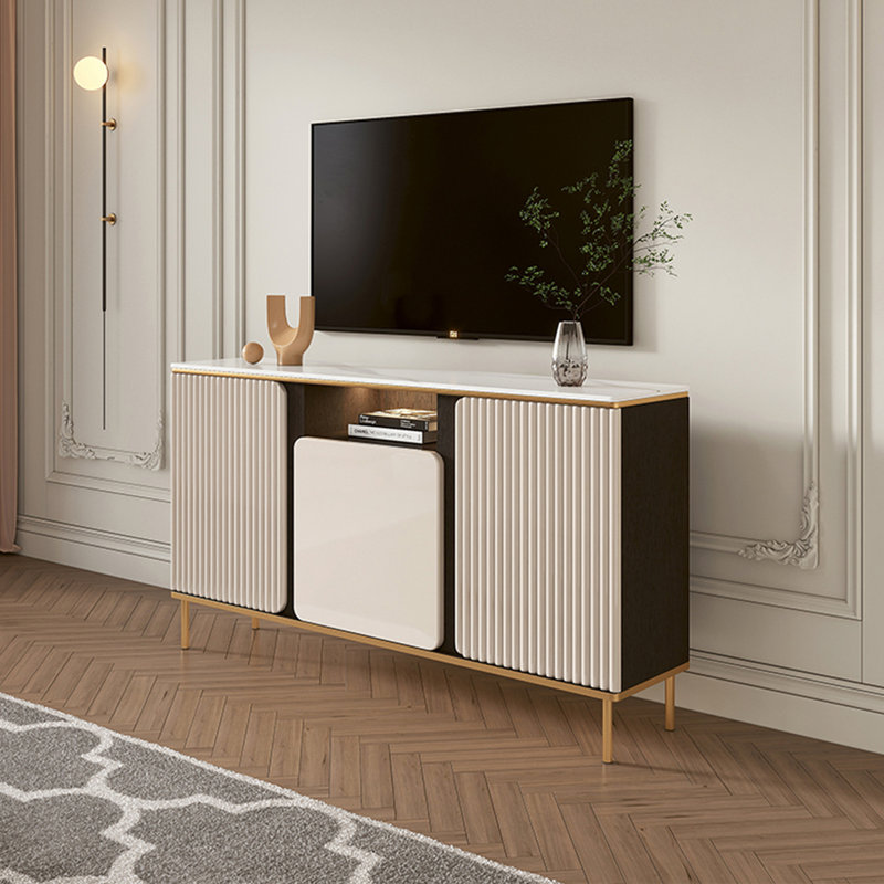 Meuble télé moderne blanc crème avec panneaux en roseaux et rangement ouvert combiné, H 31,5 po x l 39,4 po x P 11,81 po