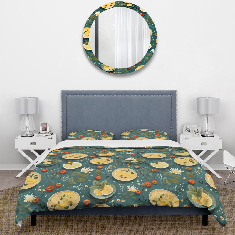 Ensemble de housse de couette botanique vert et jaune, Housse de couette simple + 1 taie décorative stan