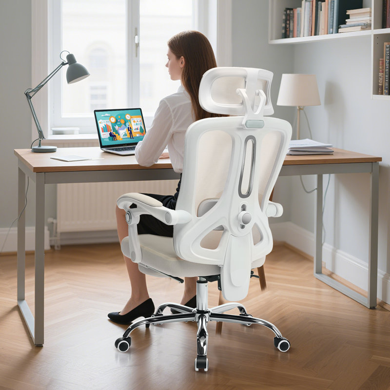 Mesh Ergonomic Office Chair with Footrest, Wheels 360 Swivel, White, Beige