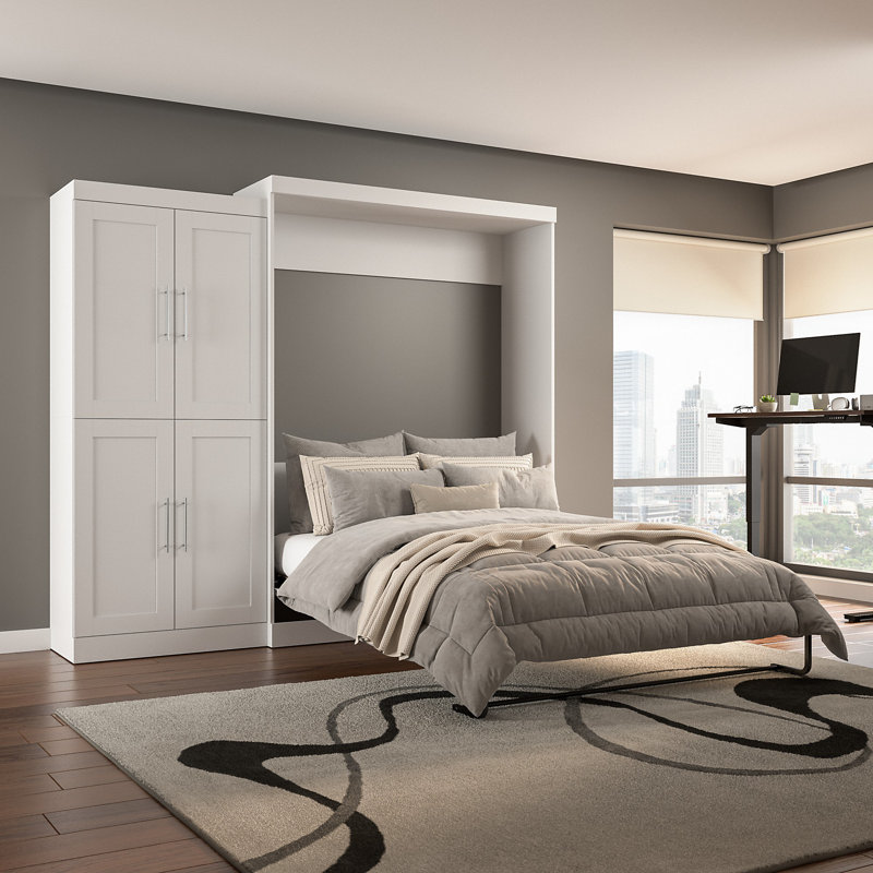 Arlex 101W Queen Wall Bed with 36W Storage Unit with Doors, White