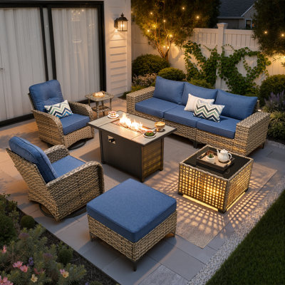 Ensemble de meubles de patio 9 pièces avec table de foyer, chaises berçantes pivotantes en osier d'extérieur avec coussins confortables, ensemble de canapé à dossier haut toutes saisons pour la cour ou la pelouse