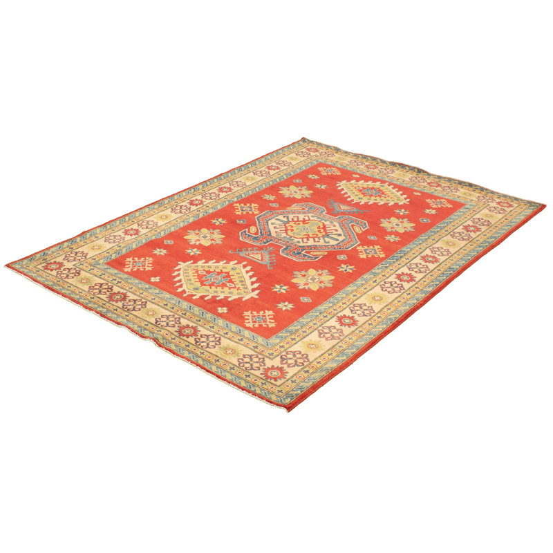 Tapis unique en laine noué à la main style ouzbé des années 2010 de 6 pi 8 po x 9 pi 7 po rouge Araina