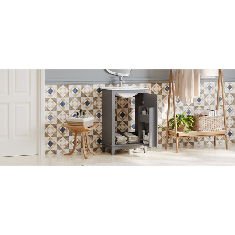 Meuble-lavabo de salle de bain avec lavabo en céramique - bois massif +, armoire de 20 po, charnières à fermeture en douceur, style élégant