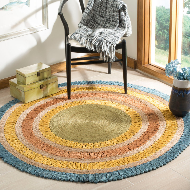 Veilleux Natural Fiber Hand Woven Jute Geometric Rug, Round 7'