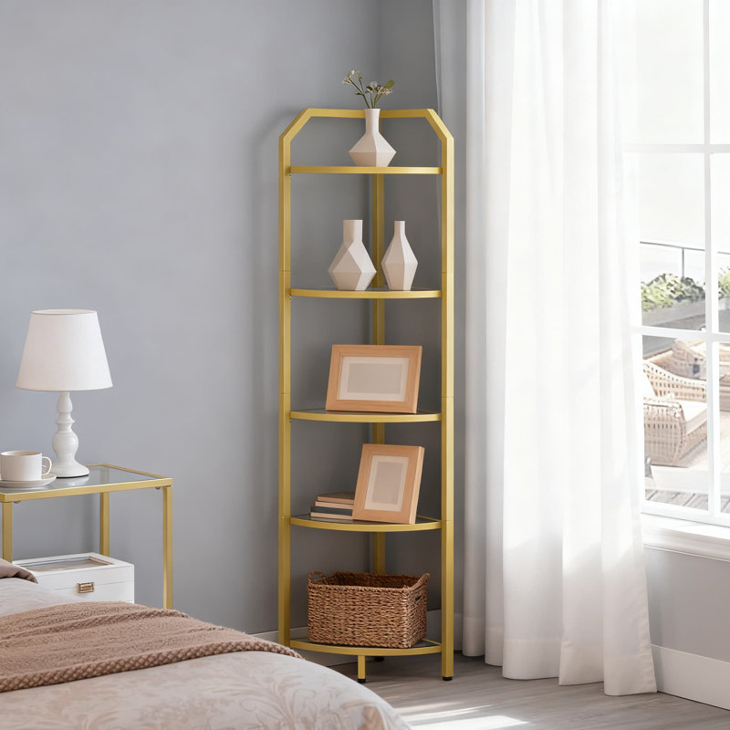 5-Tier Corner Shelf With Tempered Glass, Modern L-Shaped Storage Organizer For Living Room, Bathroom, Office, And Balcony
