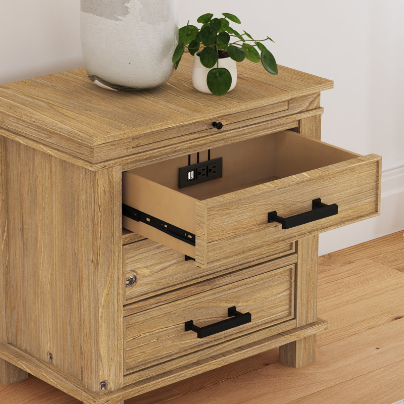 Remy 3-Drawer Nightstand with USB Charger and Pull-Out Beverage Tray, Golden Wood Tones