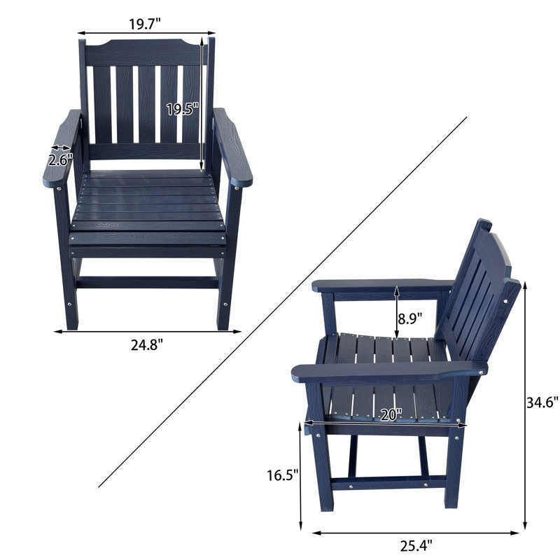 Ensemble de 2 chaises de patio d'extérieur avec dossier vertical, capacité de 380 lb pour le jardin, le porche et la cour, bleu marine