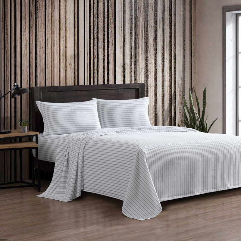 Ensemble de draps 100% coton 200 fils, Ensemble de draps pour lit double avec 2 taies d'o, Gris à rayures