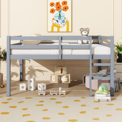 Full Rubber Wood Loft Bed with Ladder,Gray