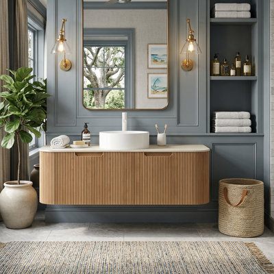 Meuble-lavabo flottant avec plateau en pierre frittée, armoire de rangement en contreplaqué à rayures 3D avec vasque, pré-assemblé, bois naturel