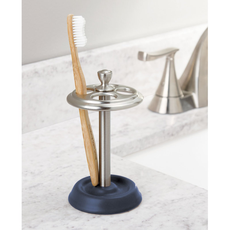 Porte-brosse à dents en acier et céramique iDesign avec trois compartiments séparés, bleu marine et nickel brossé