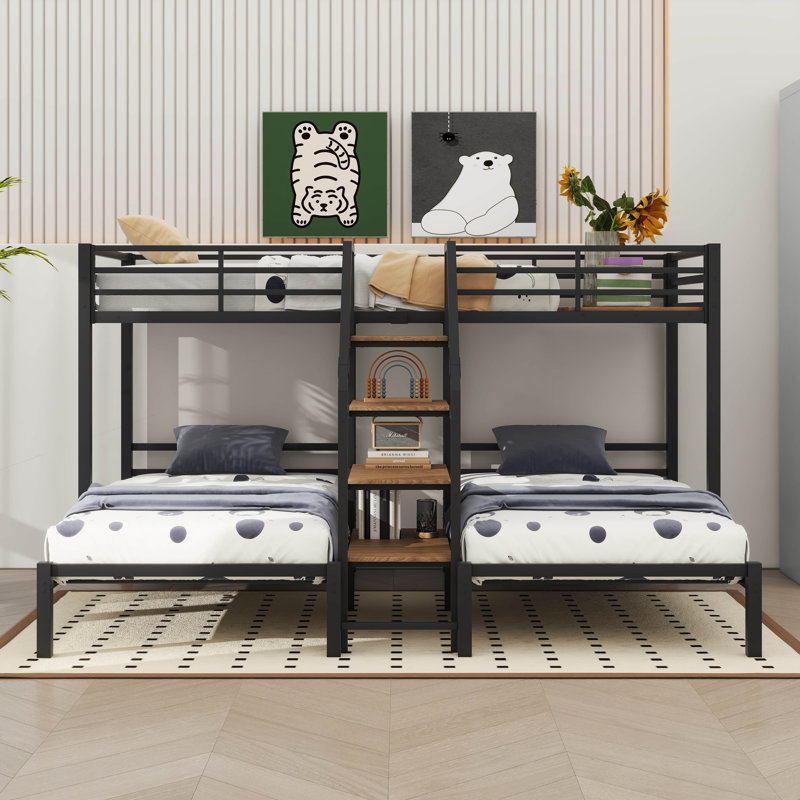 Metal Triple Bunk Bed For 3,Twin Over Twin&Twin Size Bunk Beds With Storage Shelves Staircase, Black