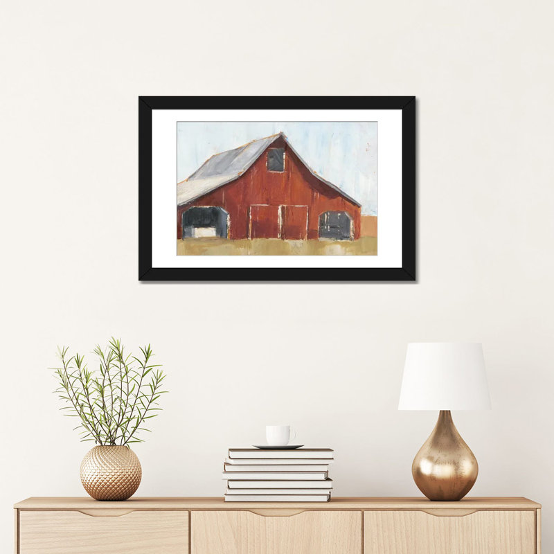 «Rustic Red Barn I», impression sur toile, Papier d'art encadré noir, H 24 po x l 32 po x P 1 po, Blanc