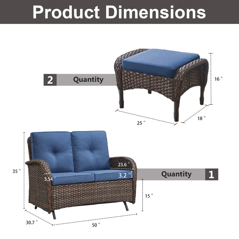 Aluel 50" Polyethylene (PE) Wicker Outdoor Patio Glider Loveseat With Ottomans, Blue, Brown