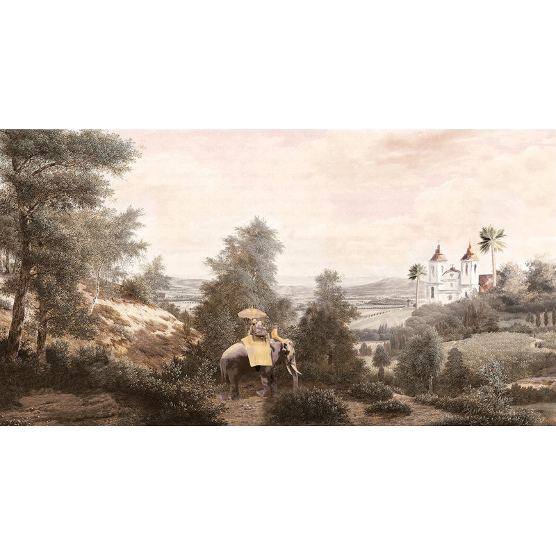 Papier peint rétro vintage avec tour d'éléphant et paysage de campagne serein, Brun, L 110,04 po x l 204 po
