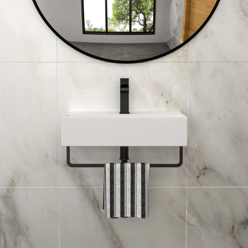 Lavabo de salle de bain mural rectangulaire en céramique 21 po x 12 po avec barre à serviette et trop-plein, robinet