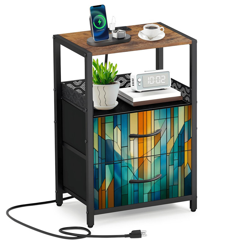 Table de chevet 2 tiroirs en tissu avec station de charge Vitrail abstrait bleu vibrant bleu sarcelle à motifs géométriques Table de chevet de chambre à coucher avec tablette et ports USB ouverts