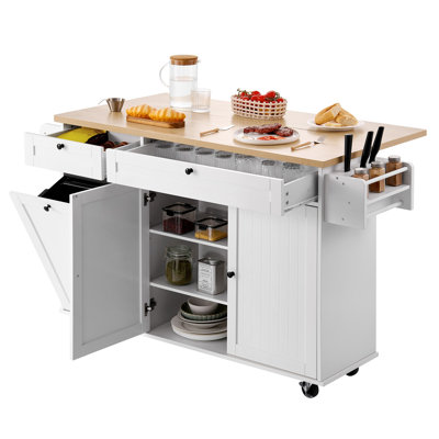 Kitchen Island Cart with Storage, 60in Wide Mobile Kitchen Cart with Wheels, Drop Leaf, 2 Drawers, Trash Can Cabinet, Knife Holder, Spice Rack, and Towel Rack, Table for Dining Room, Pantry
