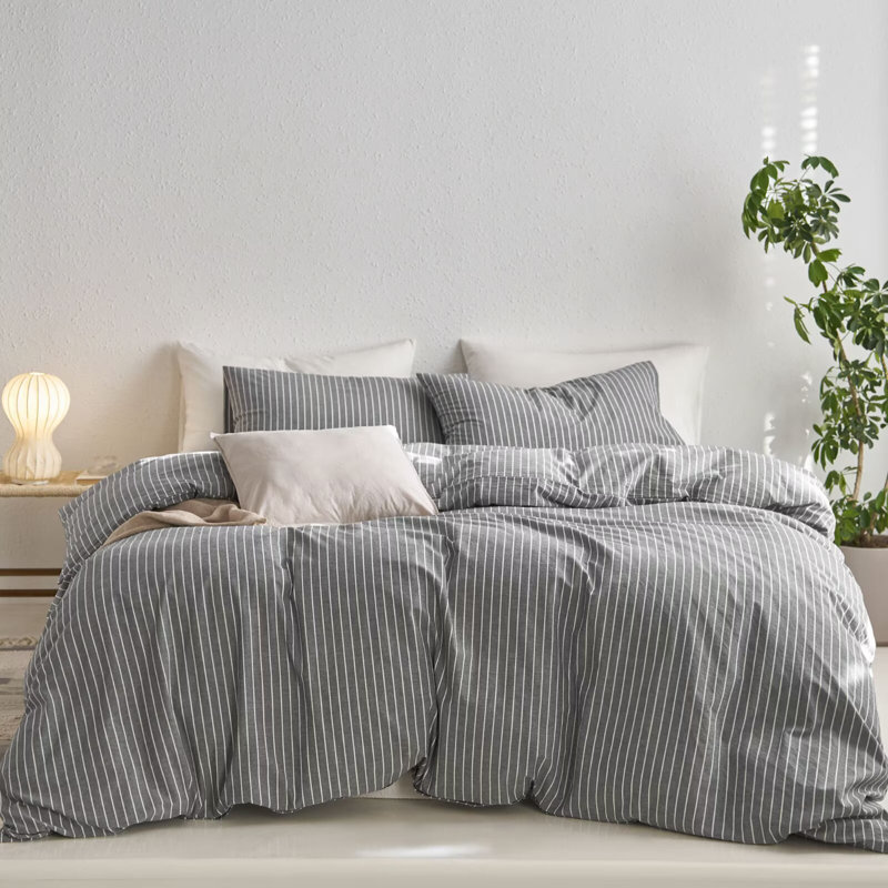 MooMee Striped Duvet Cover Set 100% Washed Cotton Linen Like Textured, Wide Stripes - Dark Gray/White