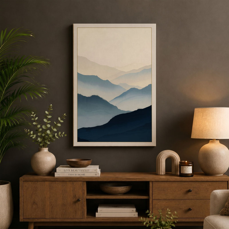 Mountains in Mist Scandinavian - Wrapped Canvas, 30x20 - 76.2 x 50.8 cm, Taupe Border