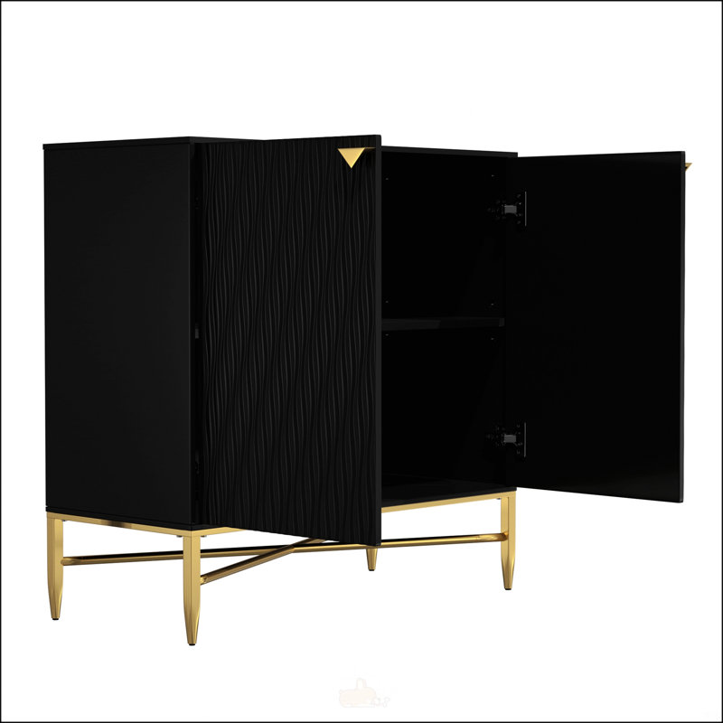 Armoire d'appoint 2 portes noire avec motif en relief et pieds en métal en forme de X, parfait pour le rangement et la décoration modernes.