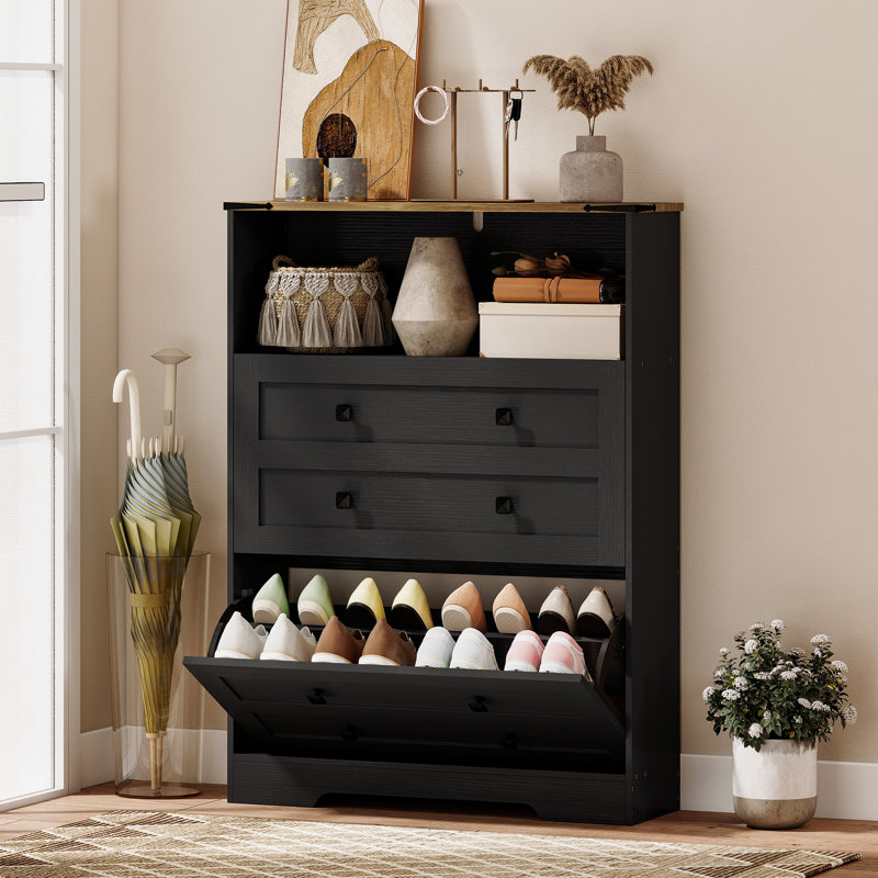 Shoe Cabinet with 2 Flip Drawers, Narrow Shoe Storage Cabinet, Black, Black