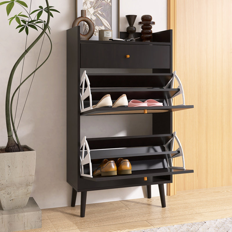 Rattan Shoe Storage Cabinet With Double Layer, Black