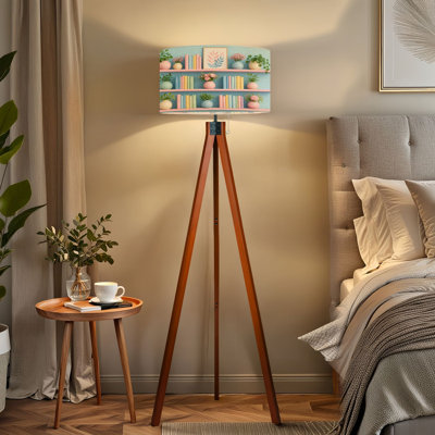  Lampe sur pied à trépied avec étagères pastel et plantes décoratives avec accents floraux et lampe murale à DEL à intensité variable avec pieds en bois de hêtre et abat-jour en lin amovible pour le salon et la chambre à coucher