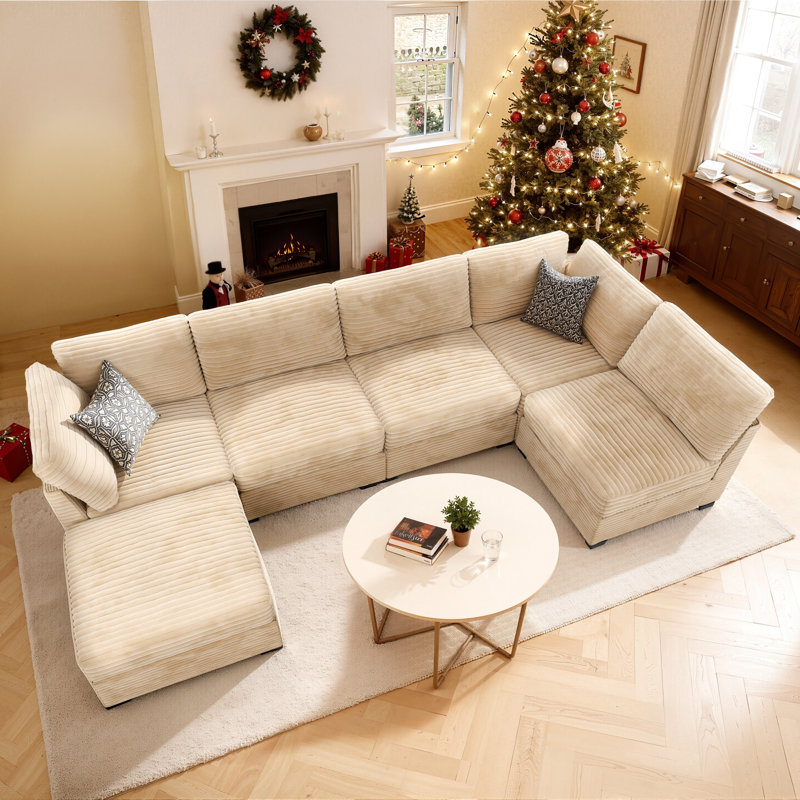 Benevides Corduroy Section Sofa Combination, 5 Seats, With Ottoman, Can Be Combined At Will, Beige Corduroy