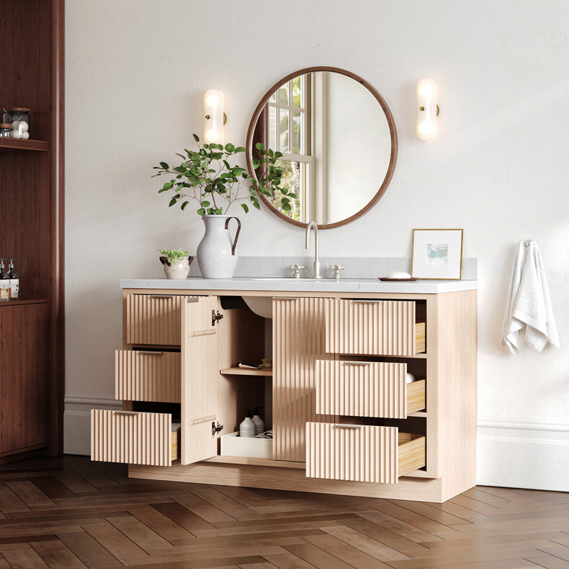 Meuble-lavabo simple 60 po en chêne massif avec plateau en quartz de 1,5 po Carrara, lavabo ovale, Ovale, 60"