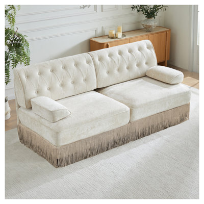 Beige Velvet Chesterfield Loveseat Sofa, Button Tufted Modular Sectional with Floor Grazing Tassel Fringe for Living Room Bedroom