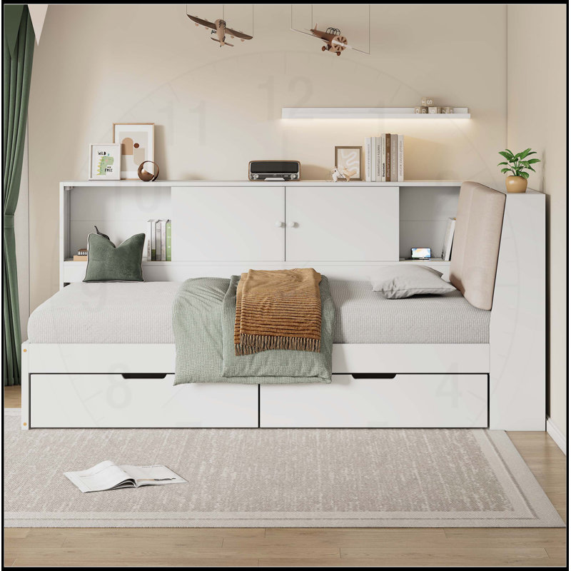 Lit de jour en bois en L avec rangement, bibliothèque, tête de lit tapissier et chargement USB pour les petits espaces