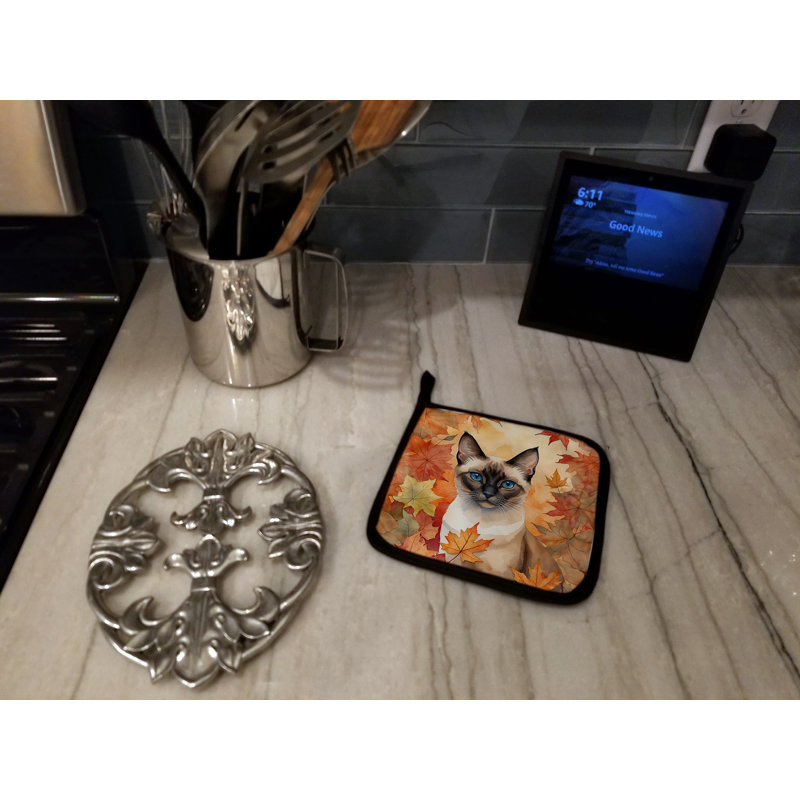 Siamese Cat in Fall Leaves Pair of Pot Holders
