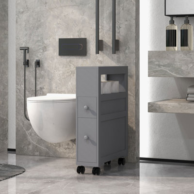HOMCOM 6.25" X 20.5" X 28.25" Wood Rolling Narrow Bathroom Side Storage Cabinet - Gray