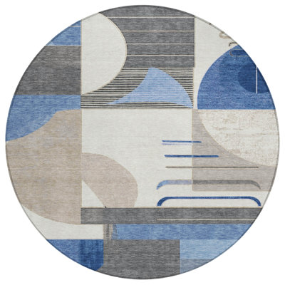 Kestner 8' Blue Gray And Ivory Round Geometric Washable Indoor Outdoor Area Rug